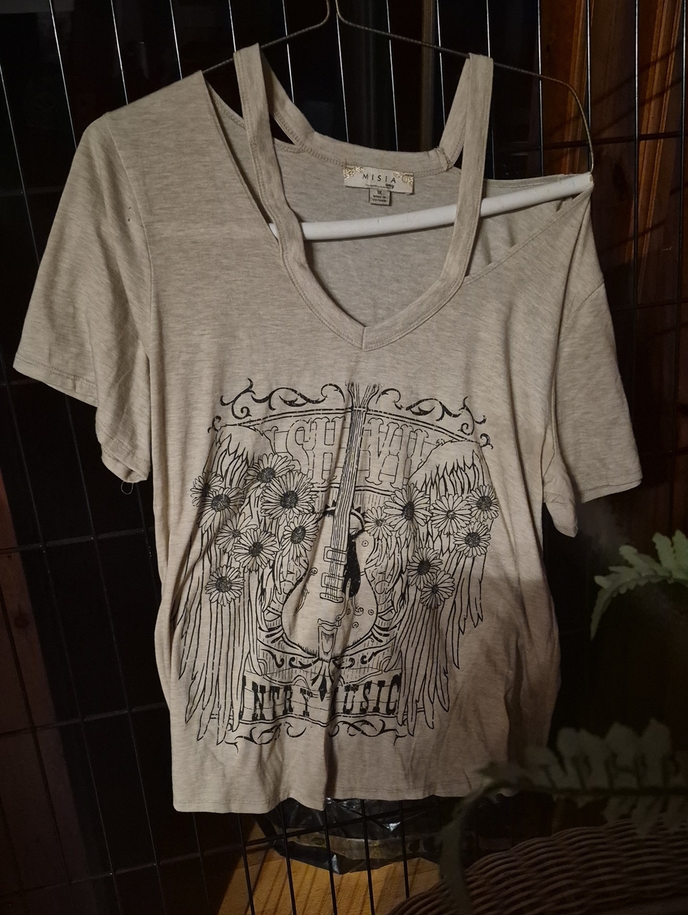 Misia Beige Graphic V-Neck Tee with Black Guitar Print